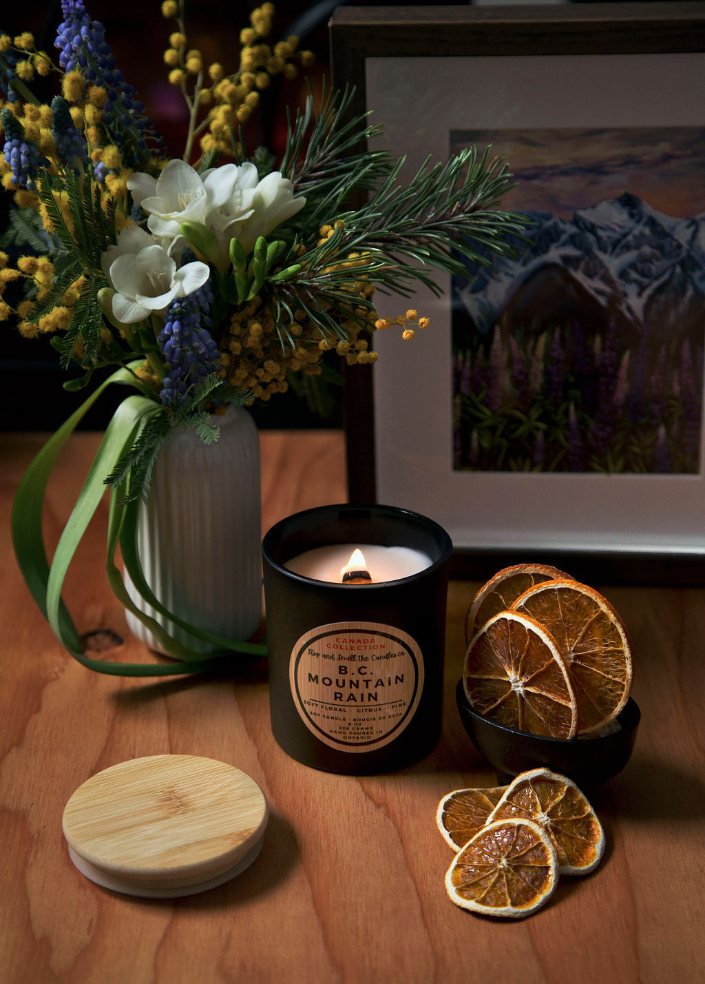 BC Mountain Rain:  wood wick soy candle 8oz