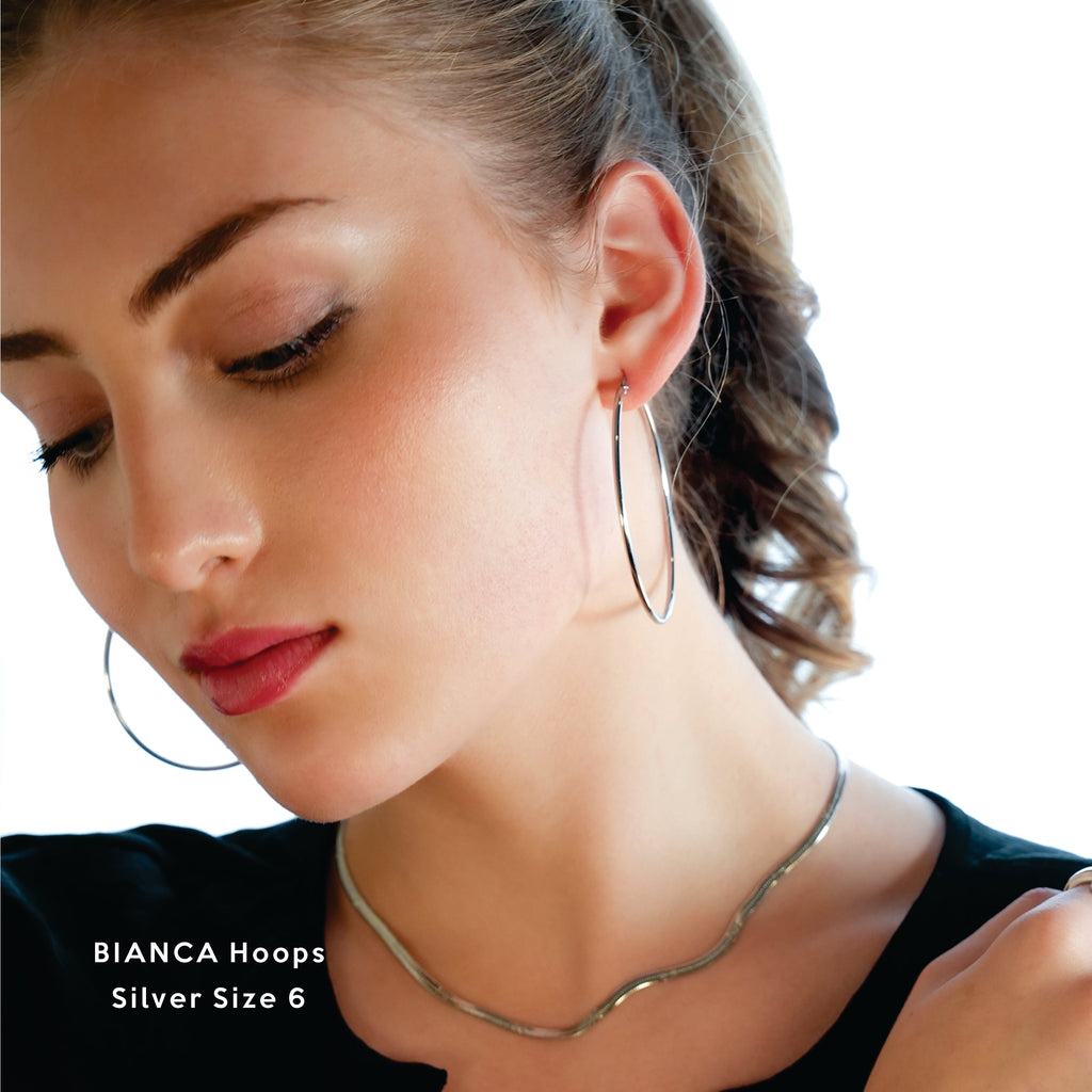BIANCA Silver: Classic Essential Everyday Basic Round Silver Hoops. Available in 7 Sizes - 1cm to 6cm