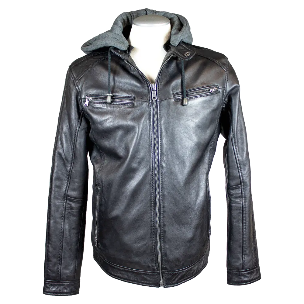 BOL Men's Hooded Snap Collar Leather Jacket