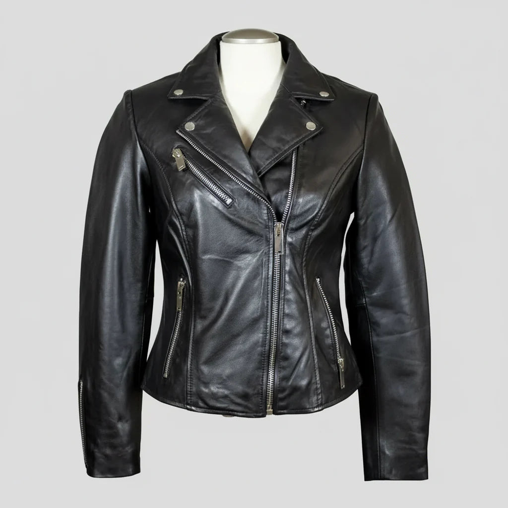 Women's Premium Lamb Leather Moto Jacket with Asymmetrical Zippers