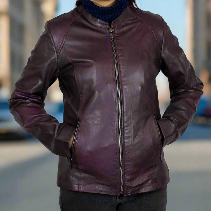 Veste de moto en cuir délavé violet pour femme BOL