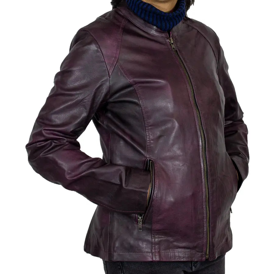 Veste de moto en cuir délavé violet pour femme BOL