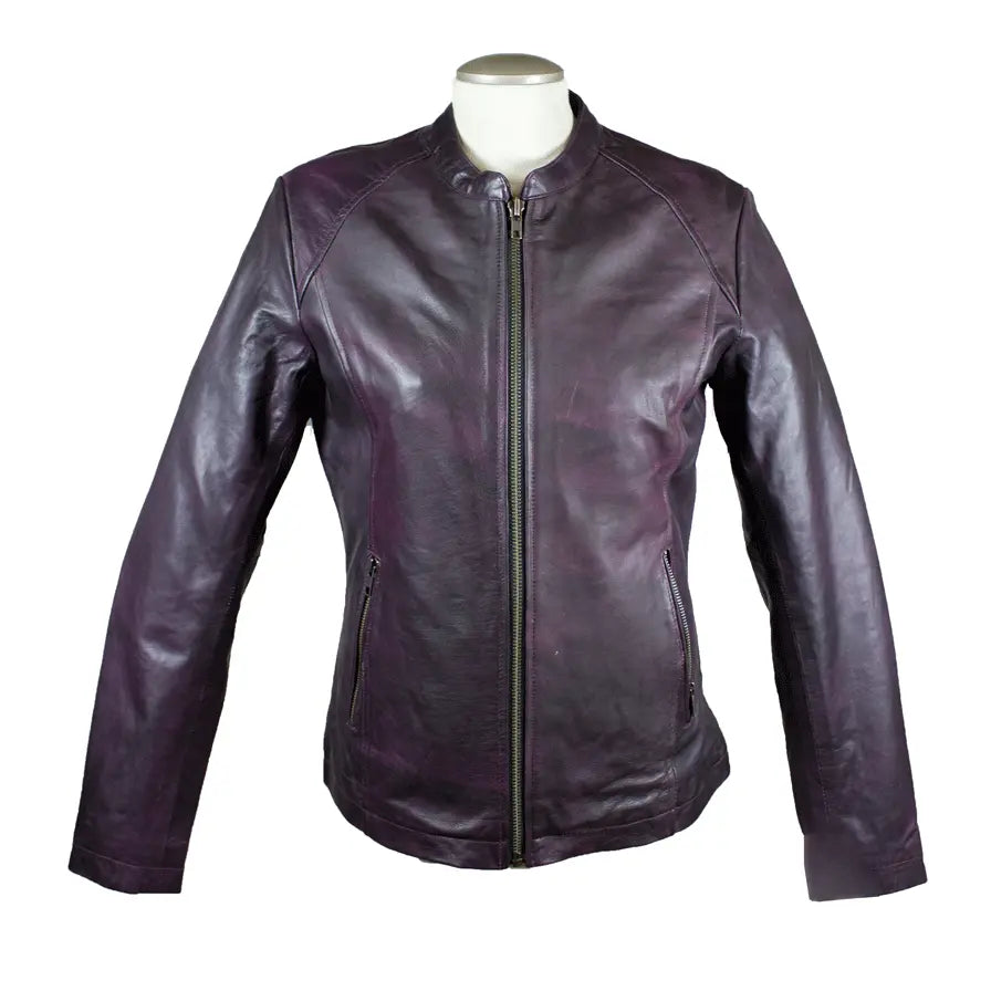 Veste de moto en cuir délavé violet pour femme BOL