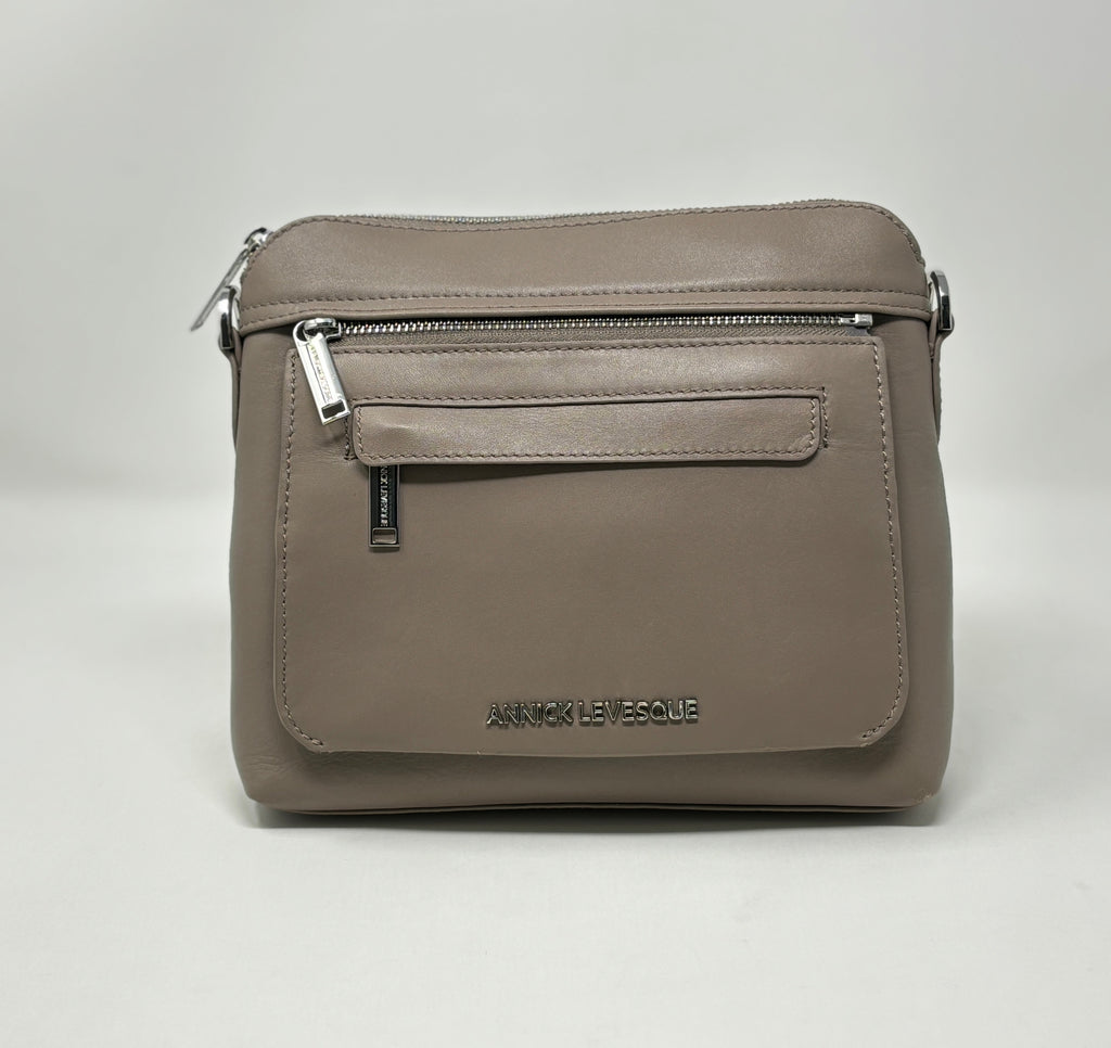 Petit Sac à Bandoulière en Cuir Taupe, Brigitte