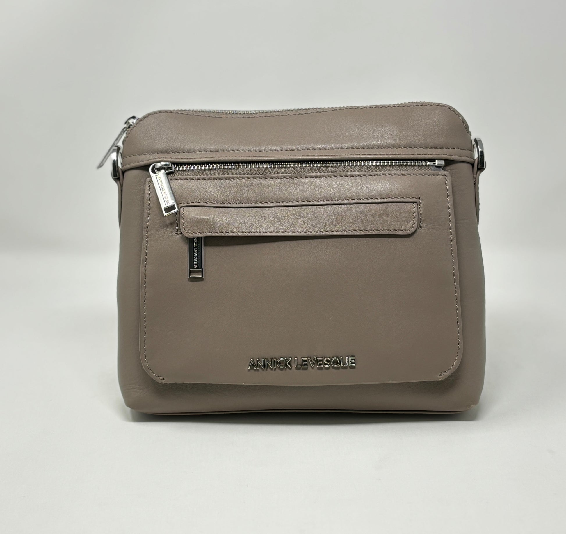 Petit Sac à Bandoulière en Cuir Taupe, Brigitte