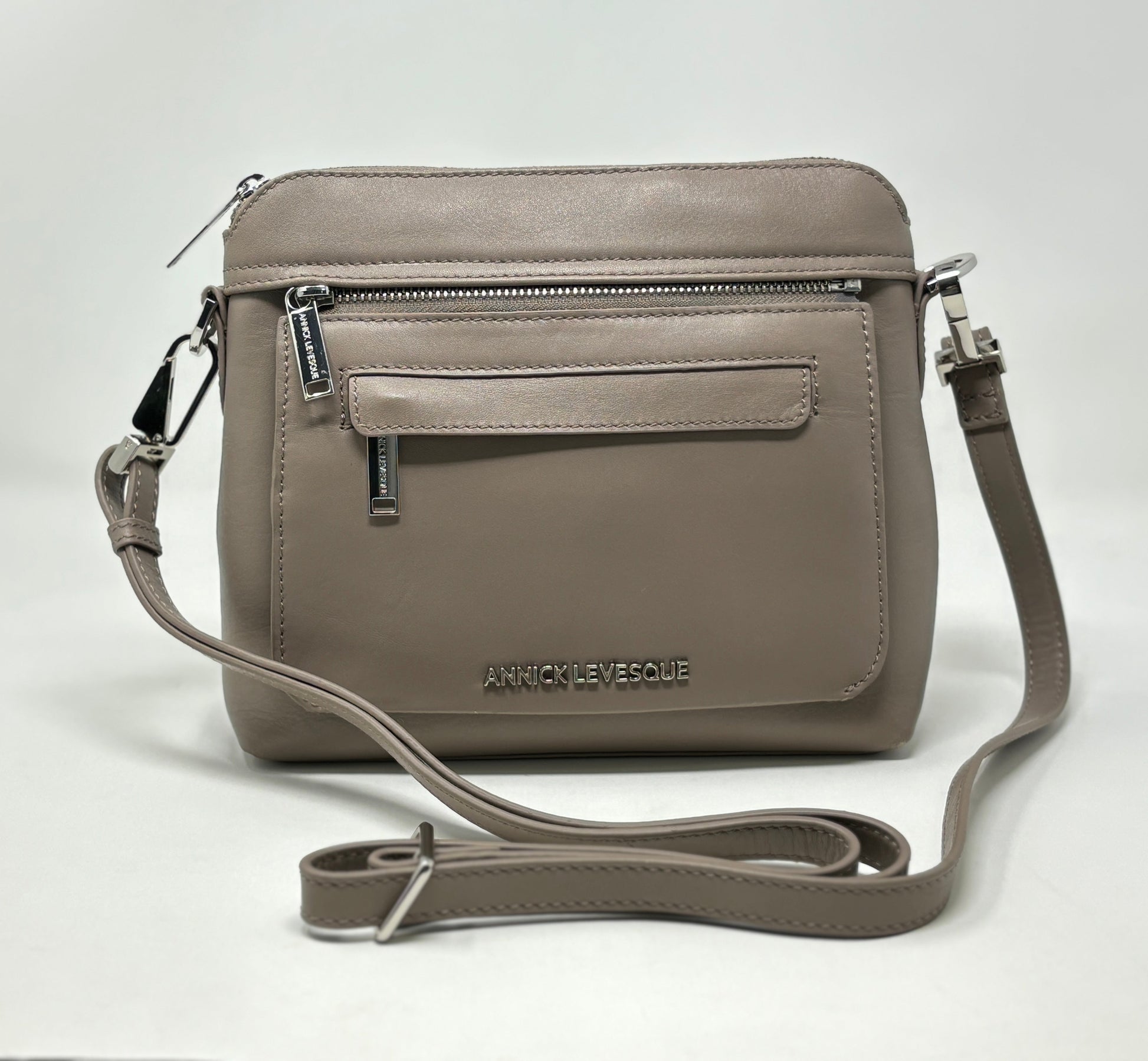 Petit Sac à Bandoulière en Cuir Taupe, Brigitte