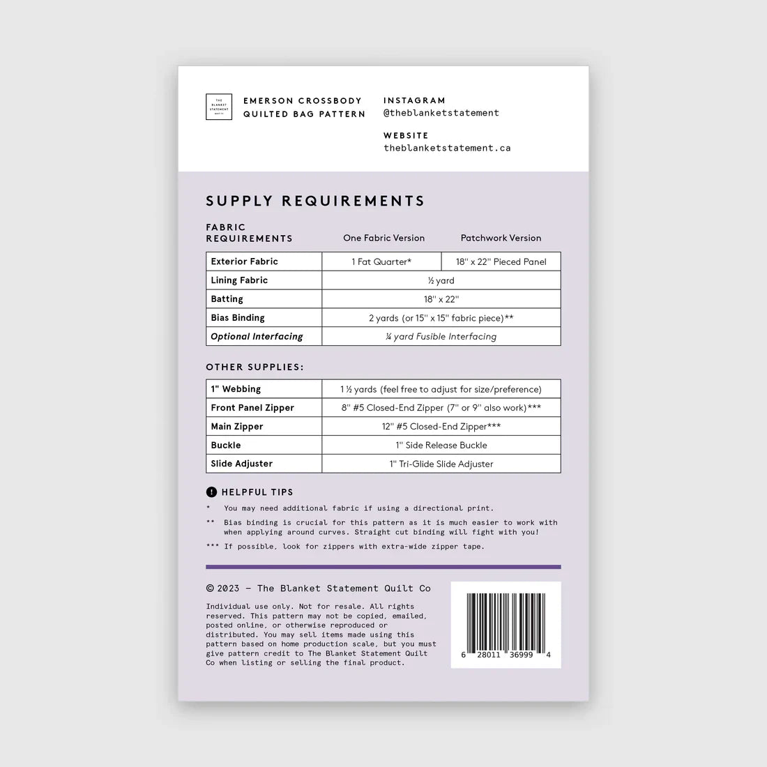 Patron de sac bandoulière Emerson par The Blanket Statement
