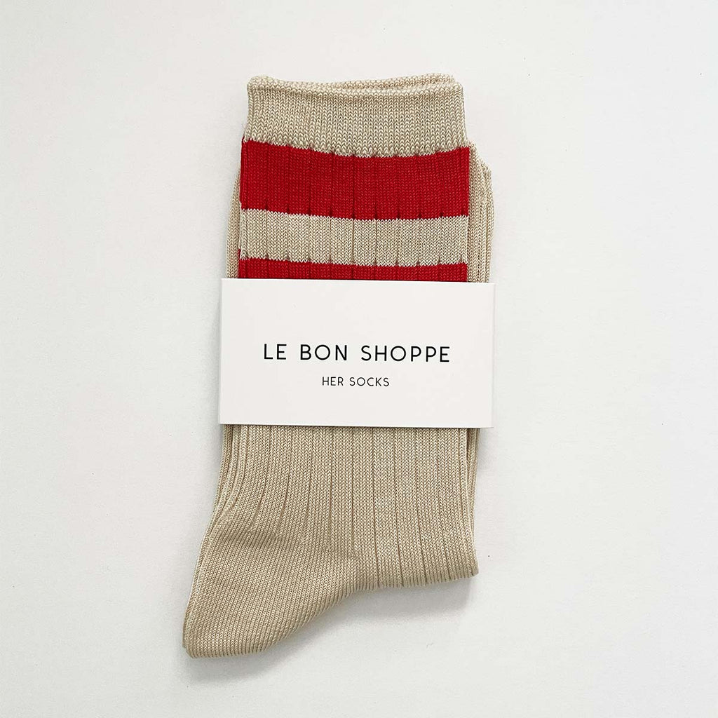Chaussettes universitaires Le Bon Shoppe pour elle, couleur crème et rouge