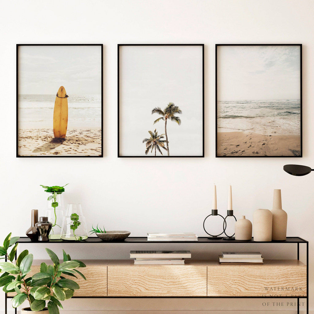 Beach Art Print Set of 3 – Surfboard Palm Tree Ocean Wall Art Posters