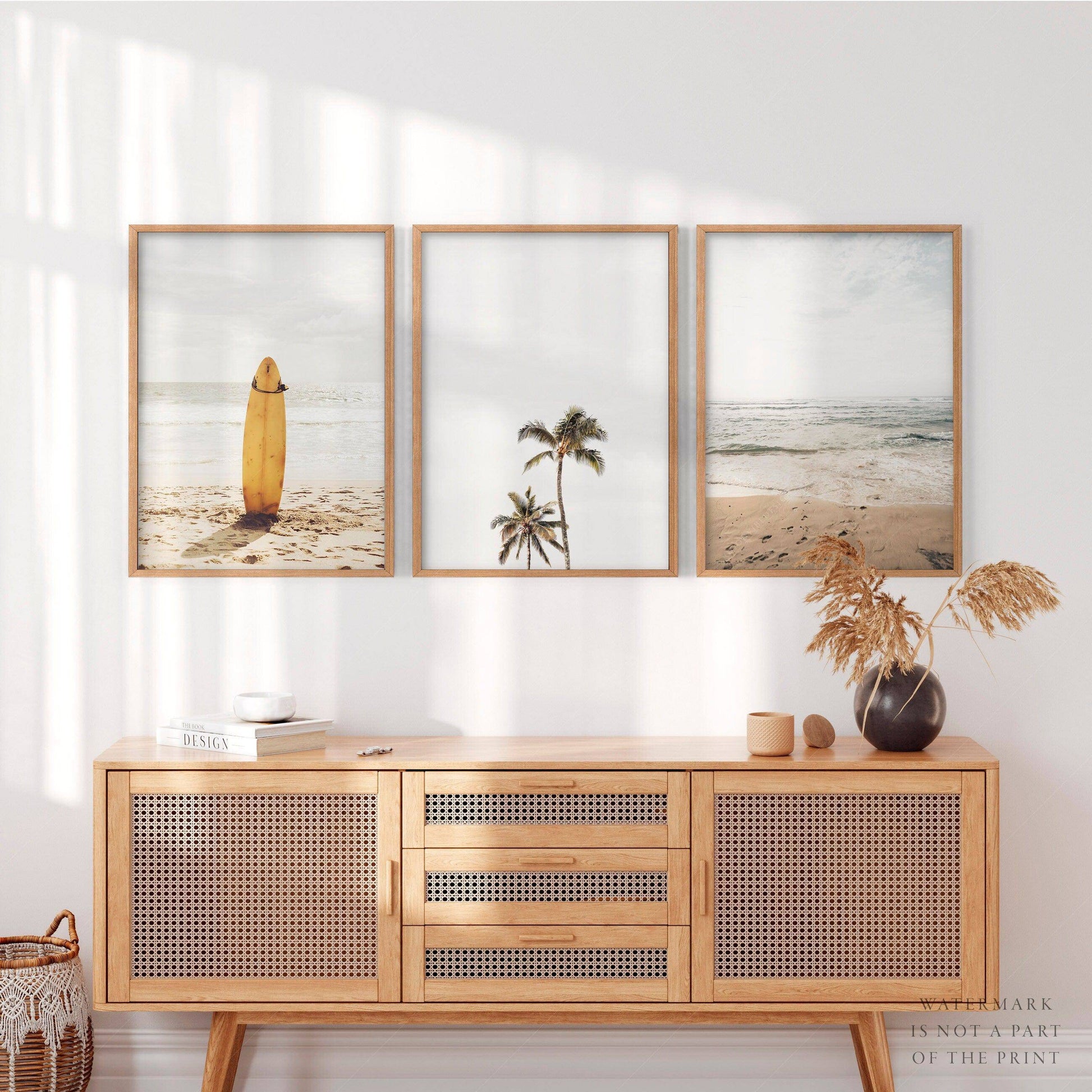 Beach Art Print Set of 3 – Surfboard Palm Tree Ocean Wall Art Posters
