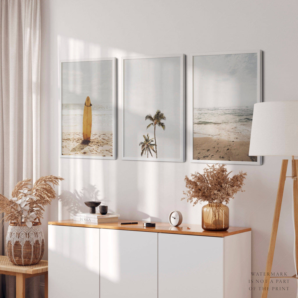 Beach Art Print Set of 3 – Surfboard Palm Tree Ocean Wall Art Posters