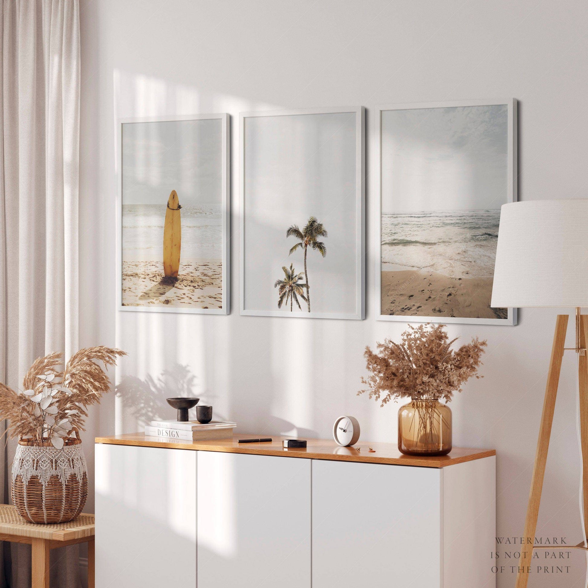 Beach Art Print Set of 3 – Surfboard Palm Tree Ocean Wall Art Posters