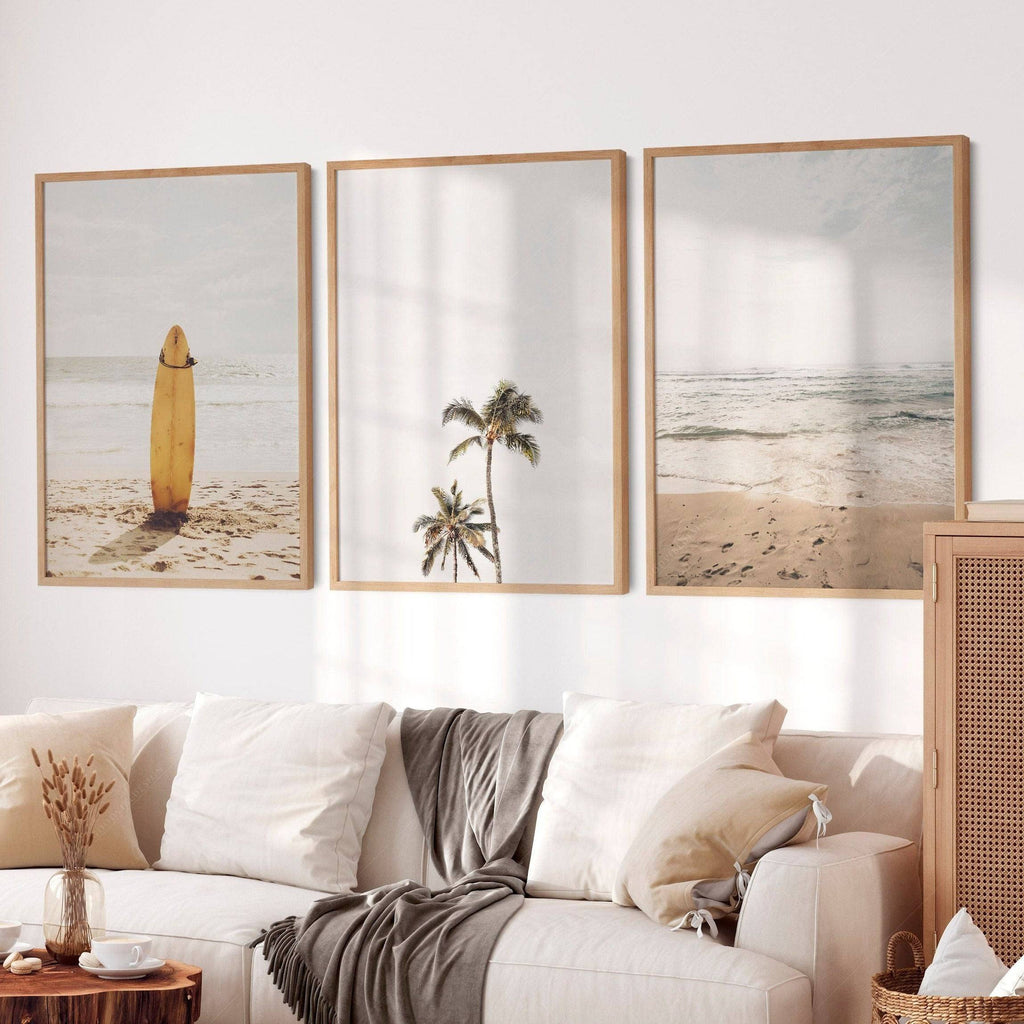 Beach Art Print Set of 3 – Surfboard Palm Tree Ocean Wall Art Posters