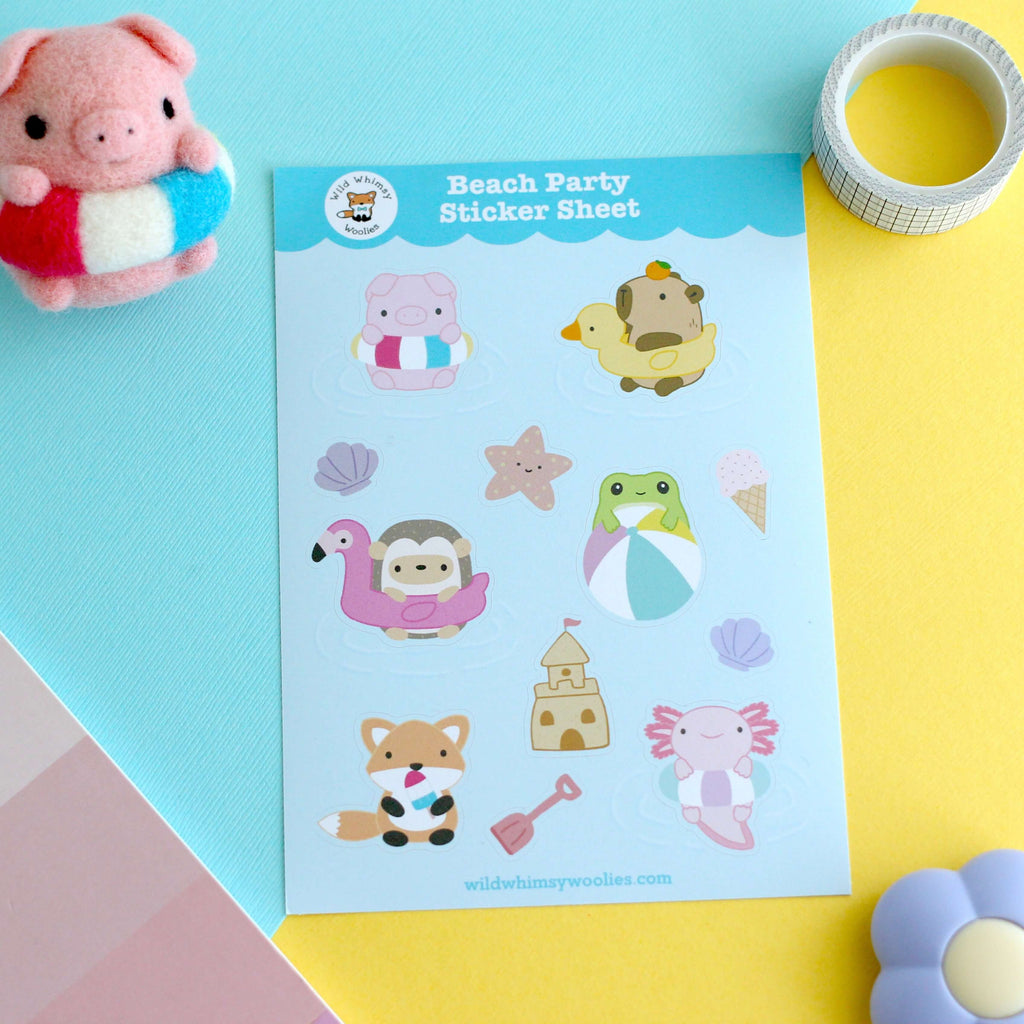 Feuille d'autocollants en vinyle représentant des animaux de la fête sur la plage