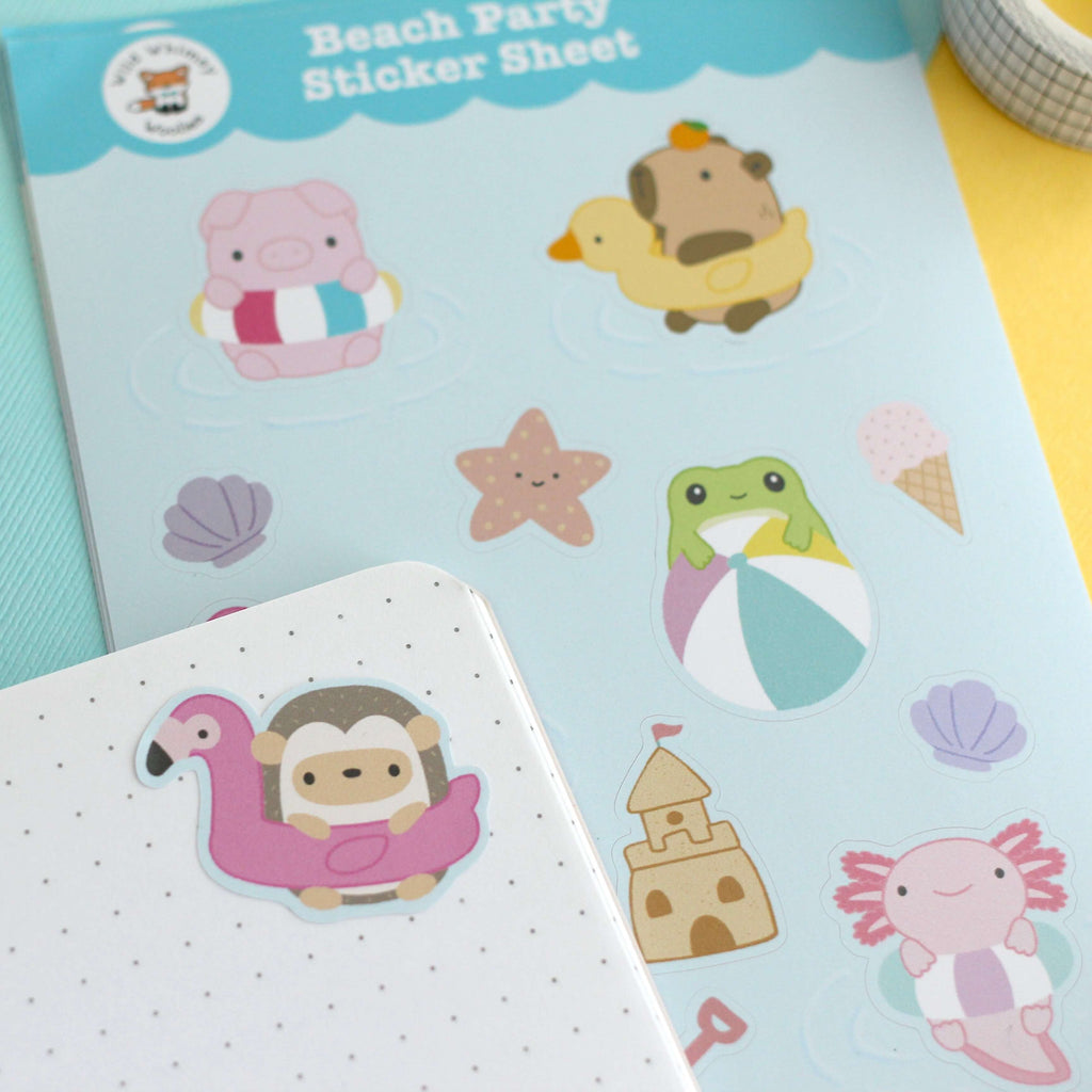 Feuille d'autocollants en vinyle représentant des animaux de la fête sur la plage