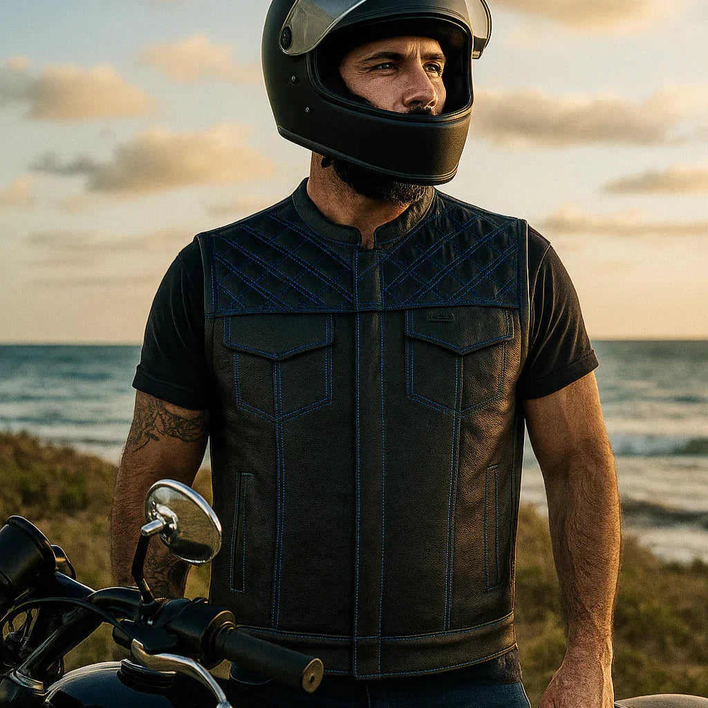 Open Road Men's Upside Leather with Blue Stitched Diamonds Vest
