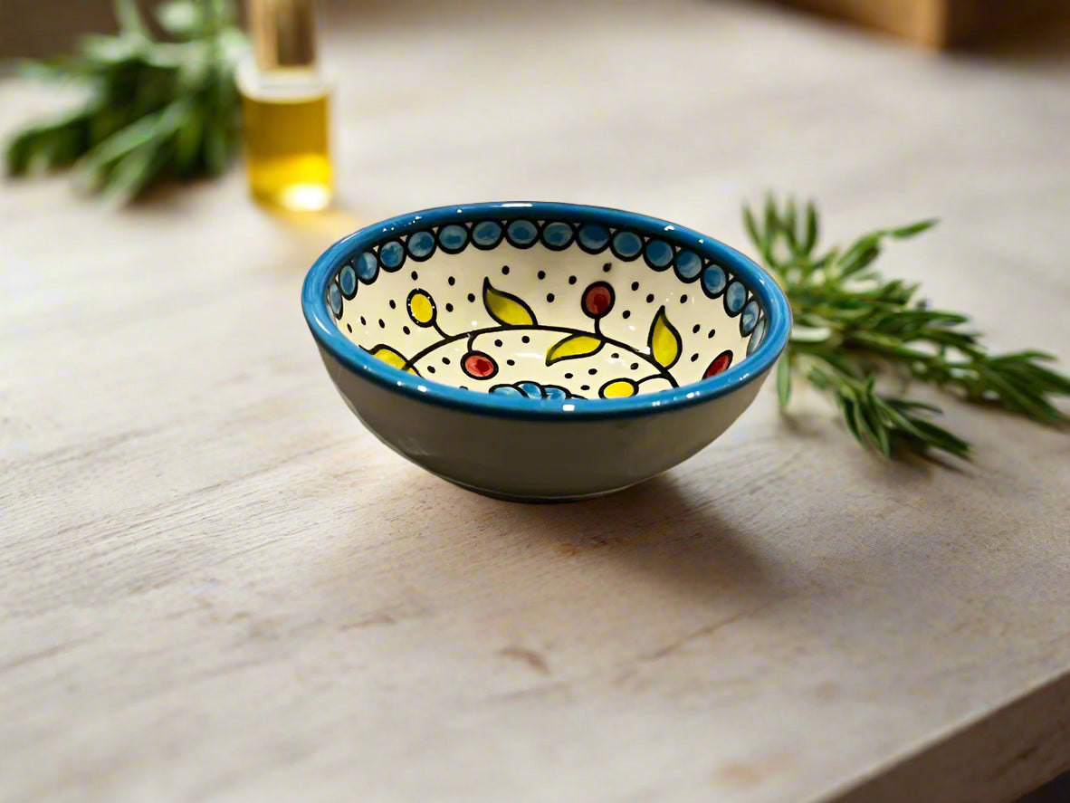 Handcrafted Ceramic Sauce & Dip Bowls – 3.5 Inch | Kuffiyeh, Blue & Yellow, Orange Designs