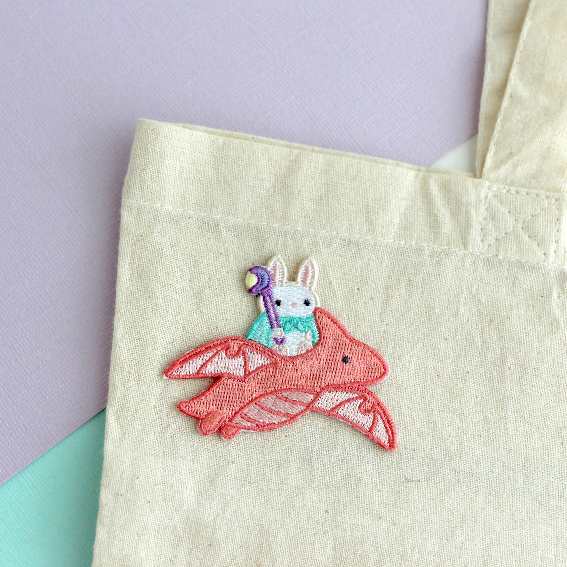 Bunny Mage Riding Dragon Embroidered Iron-On Patch