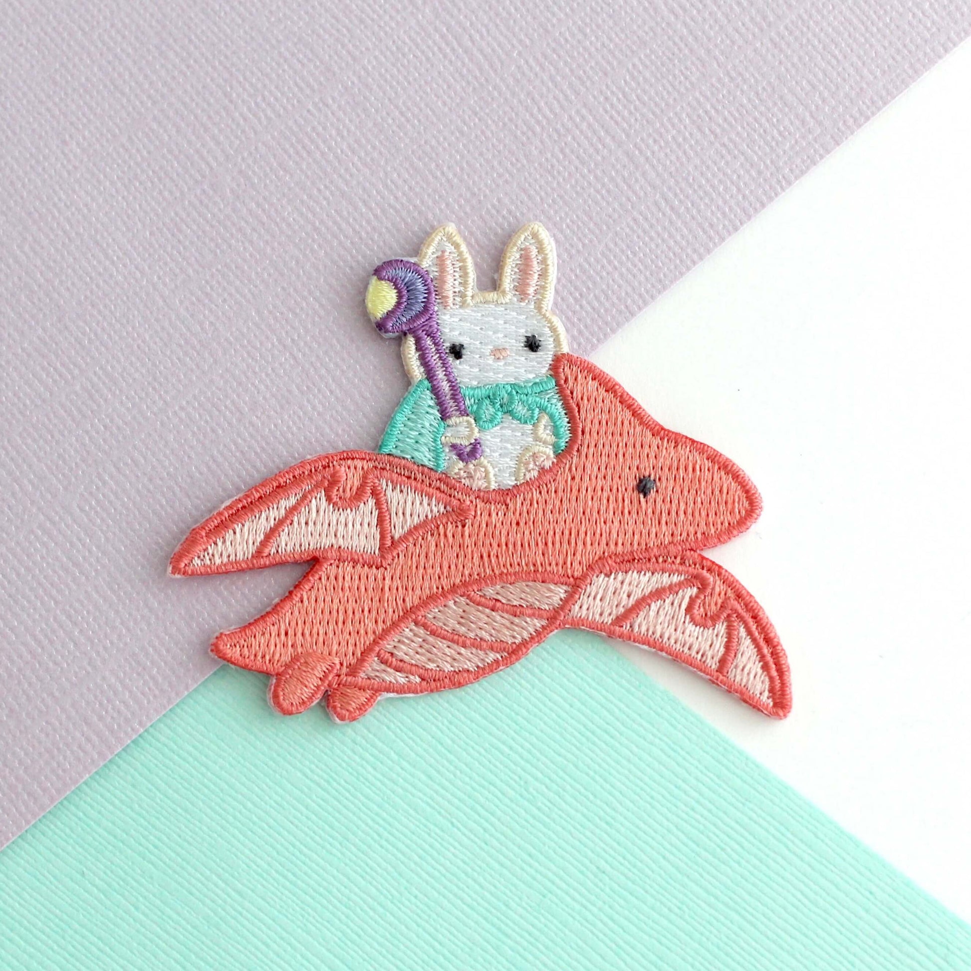 Bunny Mage Riding Dragon Embroidered Iron-On Patch