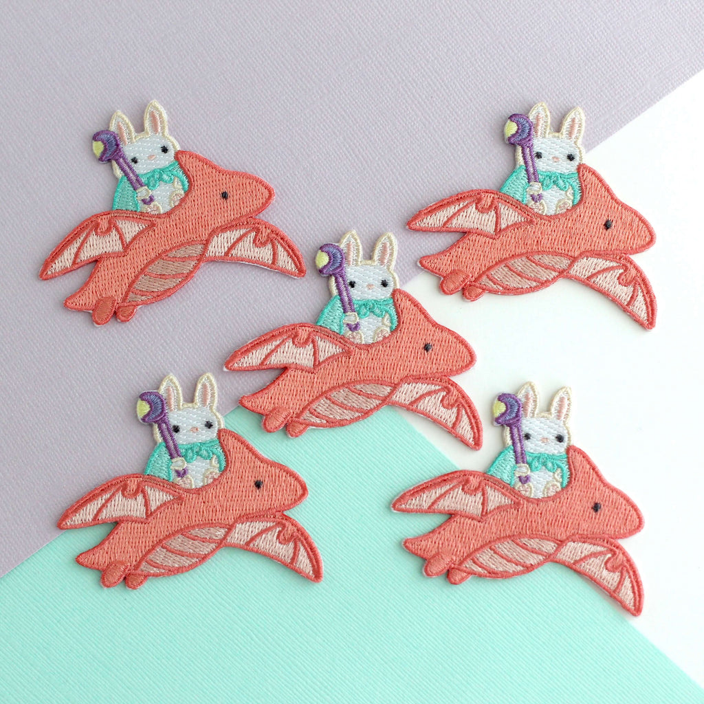Bunny Mage Riding Dragon Embroidered Iron-On Patch