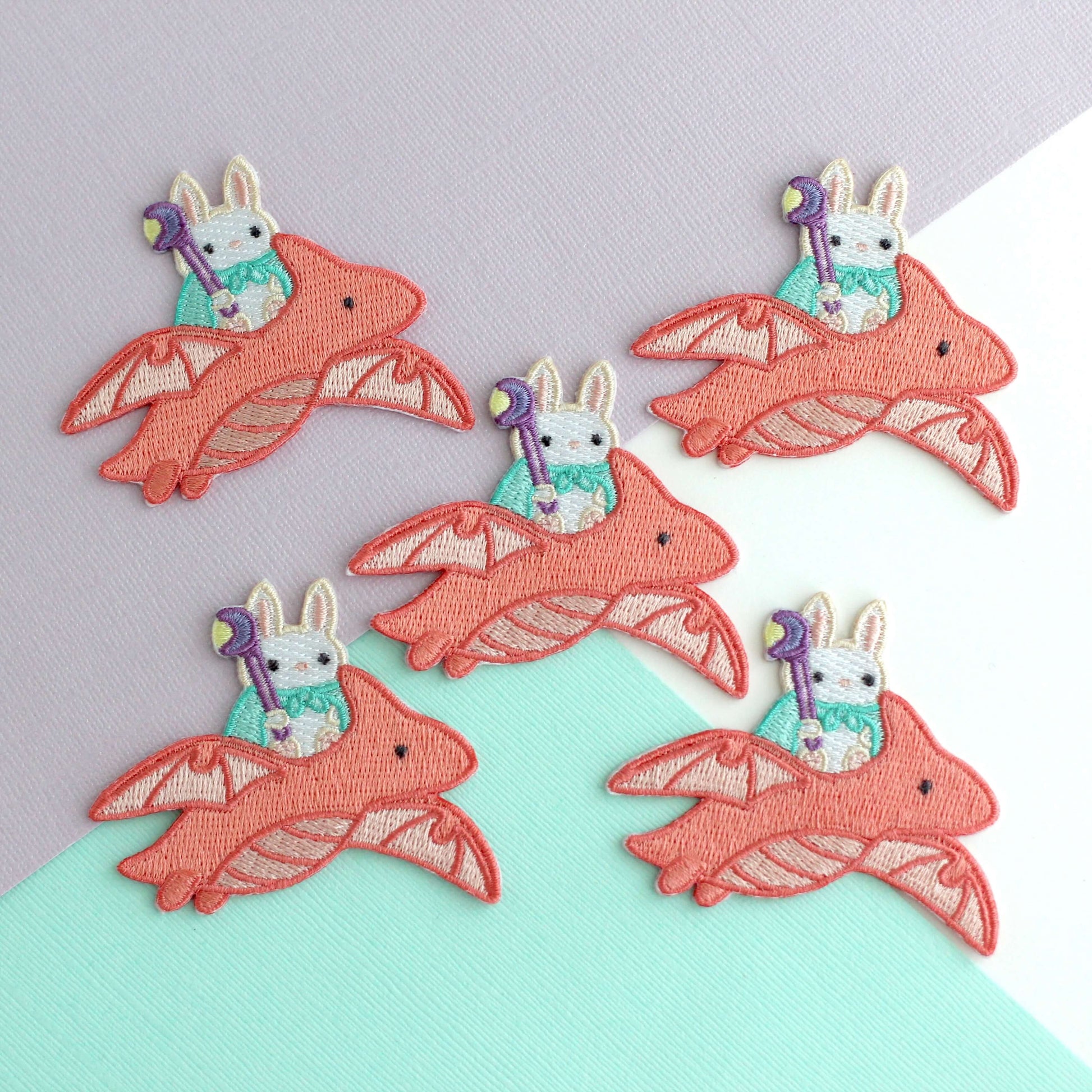 Bunny Mage Riding Dragon Embroidered Iron-On Patch