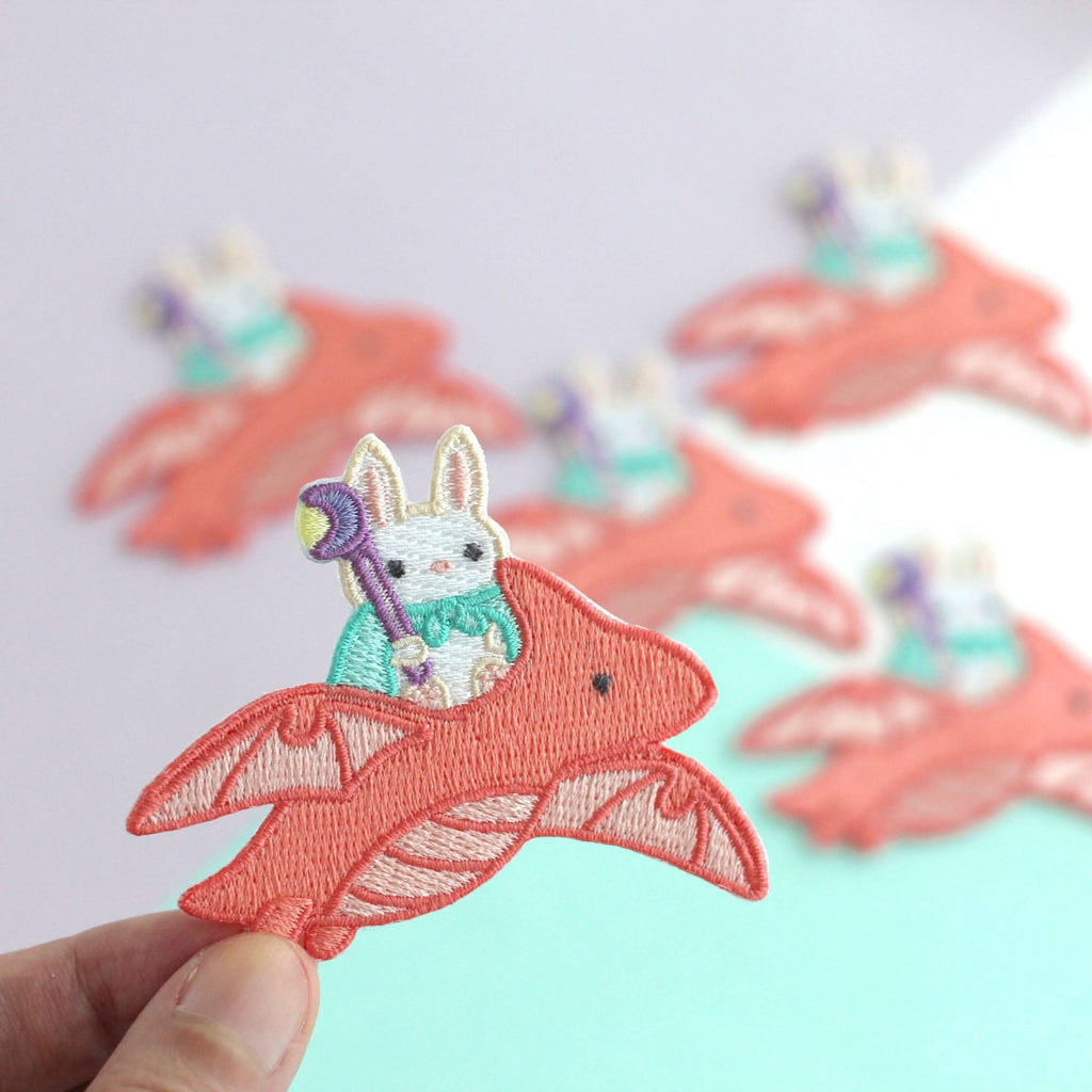 Bunny Mage Riding Dragon Embroidered Iron-On Patch