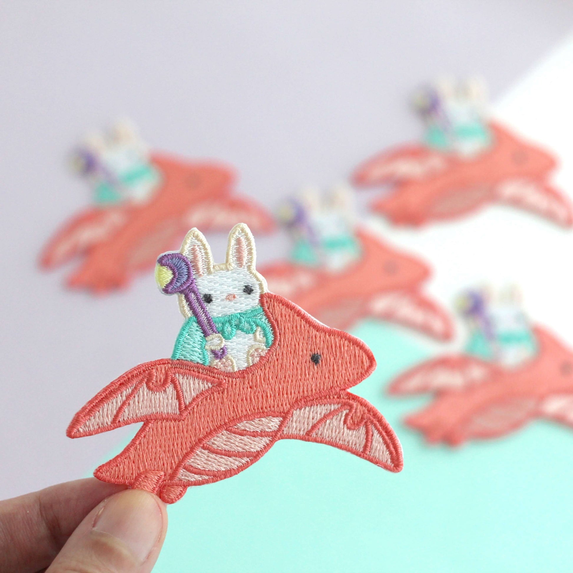 Bunny Mage Riding Dragon Embroidered Iron-On Patch