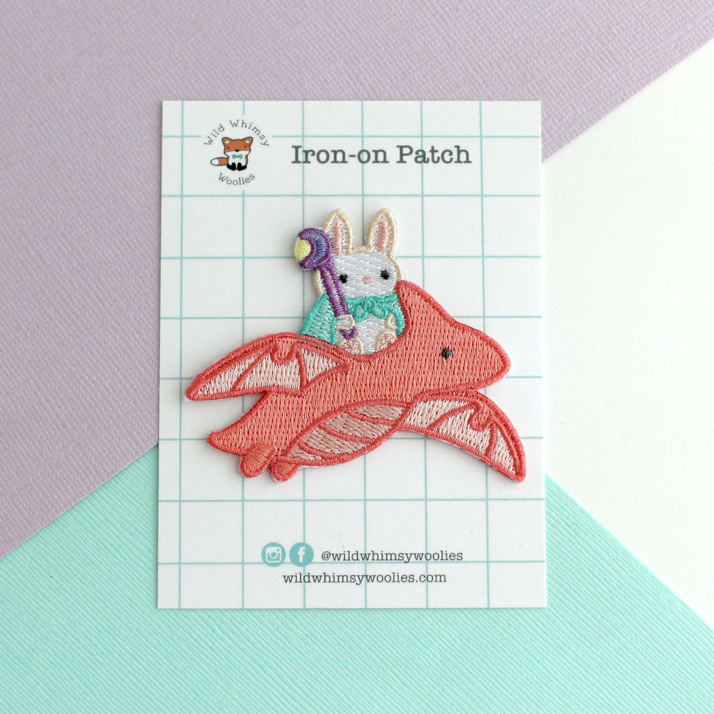 Bunny Mage Riding Dragon Embroidered Iron-On Patch