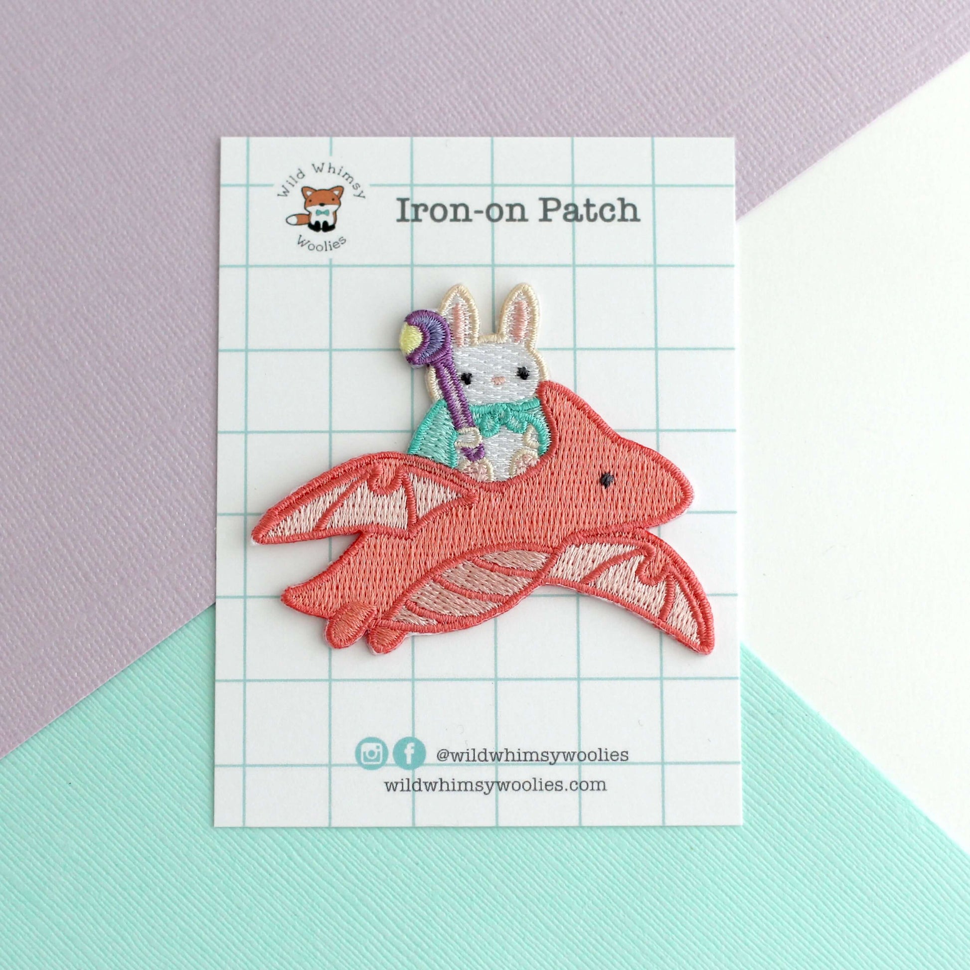 Bunny Mage Riding Dragon Embroidered Iron-On Patch