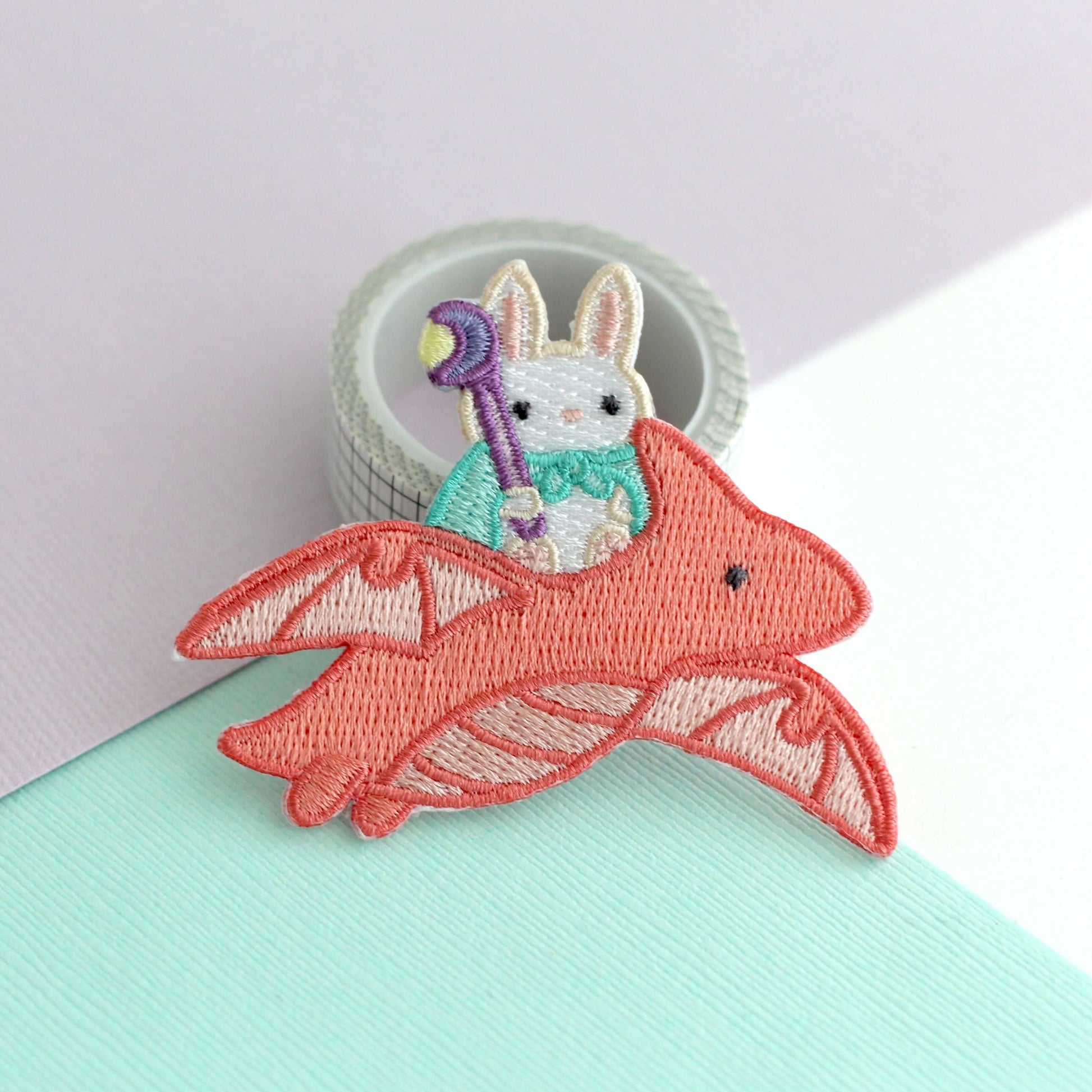Bunny Mage Riding Dragon Embroidered Iron-On Patch