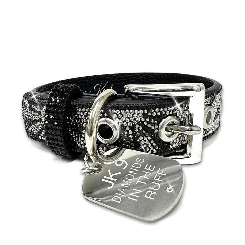 Luxury Black Floral Print Dog Collar – Silver Hardware | Soft Vegan Leather, Adjustable Sizes