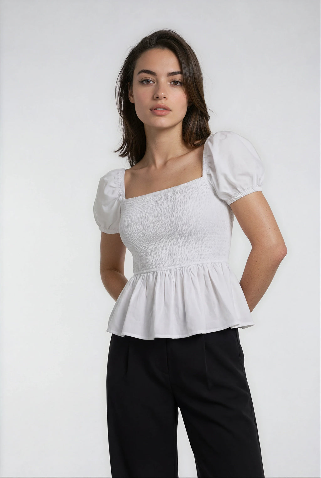 Sera – Cotton Poplin Puff Sleeve Peplum Blouse Top In White