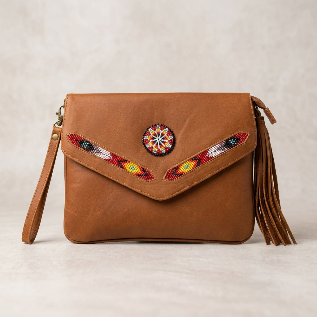 Leather beaded Crossbody bag(Brown)