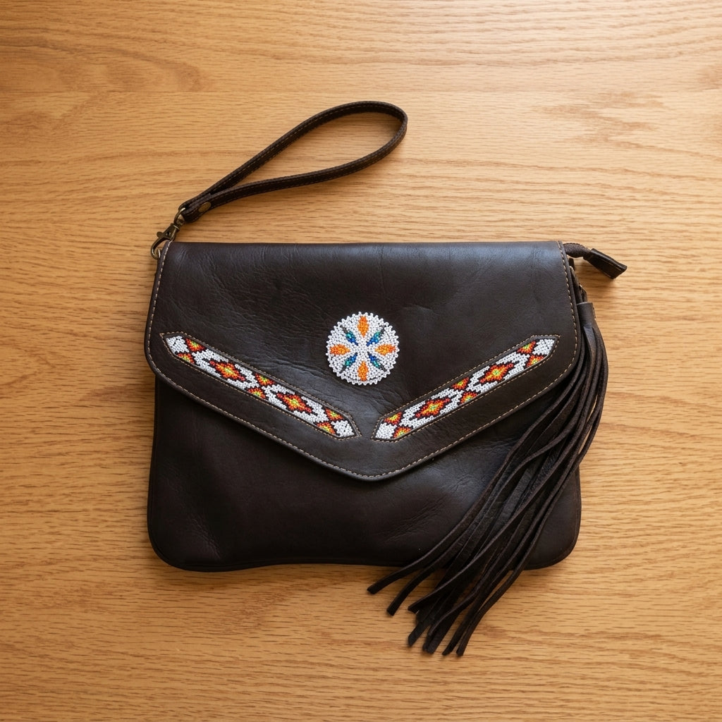 Leather beaded Crossbody bag(Chocolate Brown)