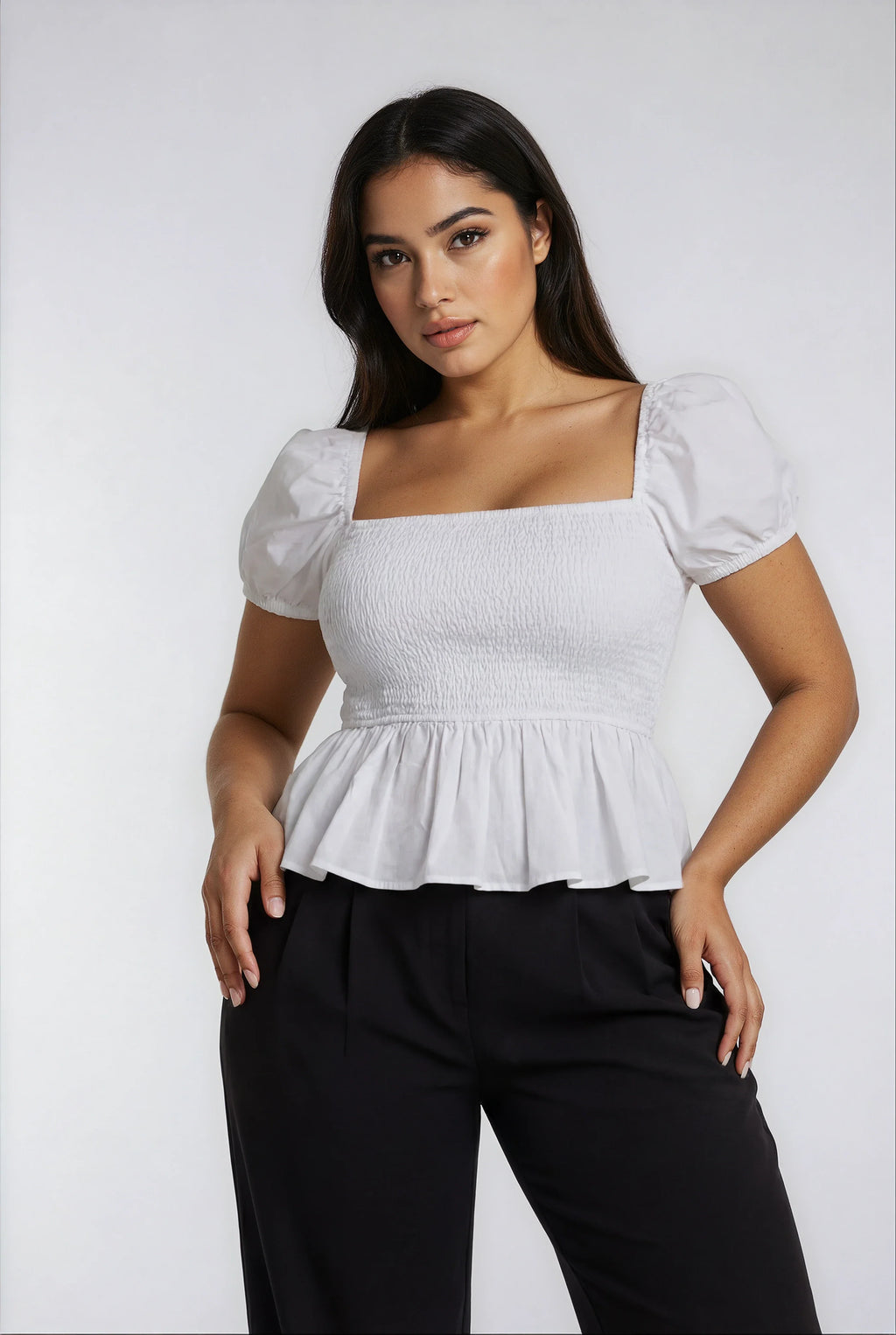 Sera – Cotton Poplin Puff Sleeve Peplum Blouse Top In White