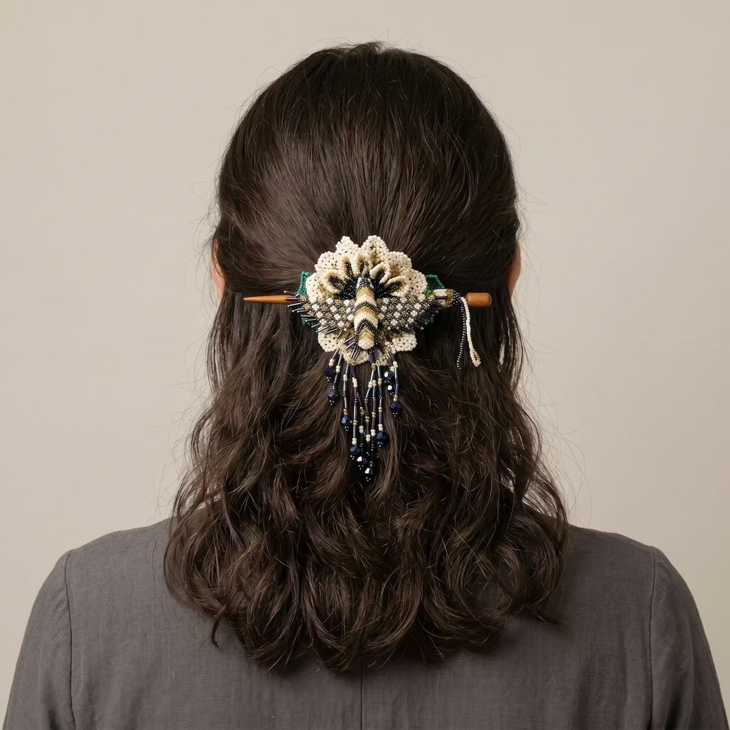 Maple Blossom Hummingbird Beaded Hair Stick Barrette White