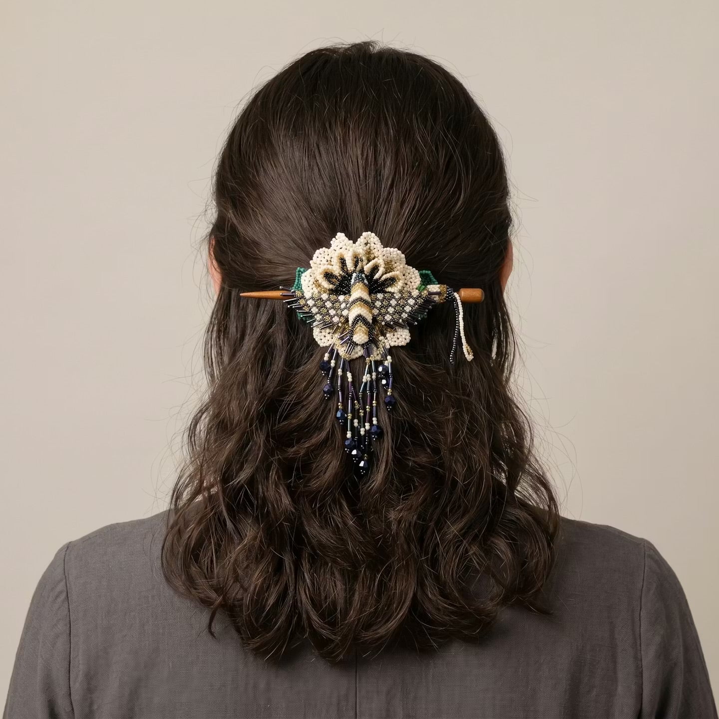 Maple Blossom Hummingbird Beaded Hair Stick Barrette White