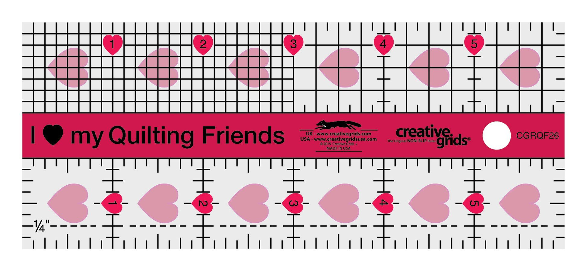Règle de courtepointe miniature « I Love My Quilt Friends » de Creative Grids, 6,35 cm x 15,2 cm