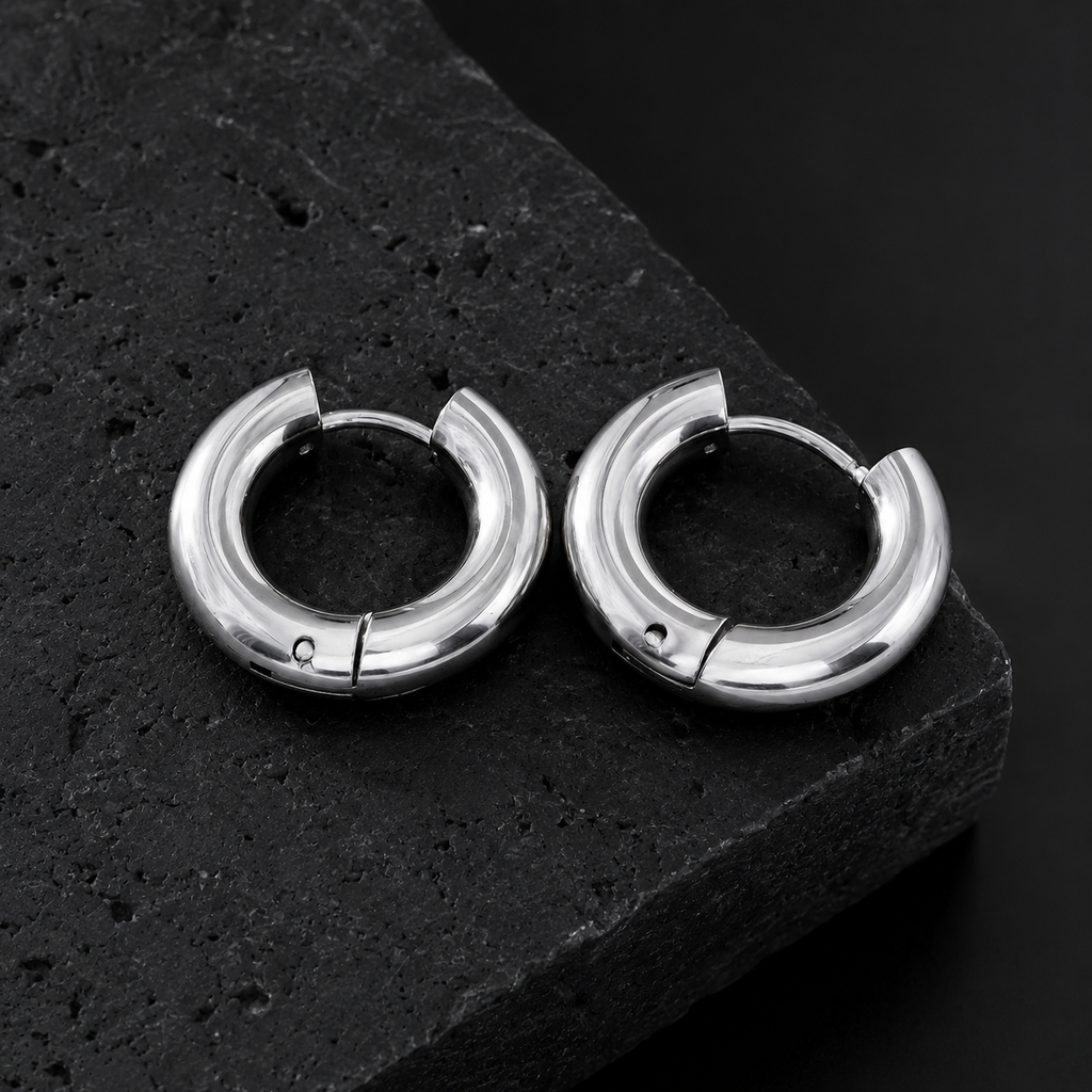 CHOLULA Silver (White Gold): Mid Width Smooth Surface Tube Hoop Earrings