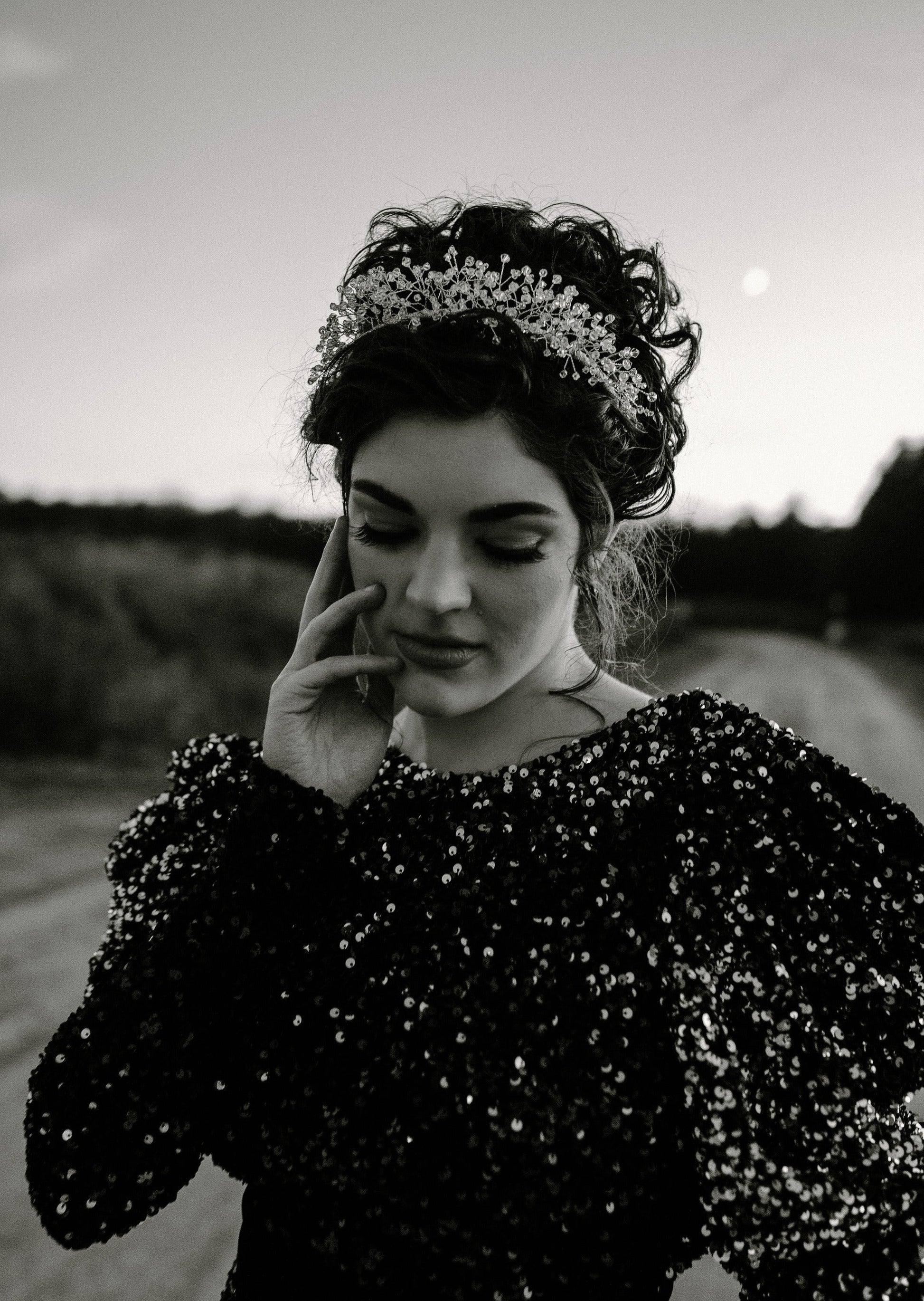 sparkling bridal headpiece for sequined wedding dresses