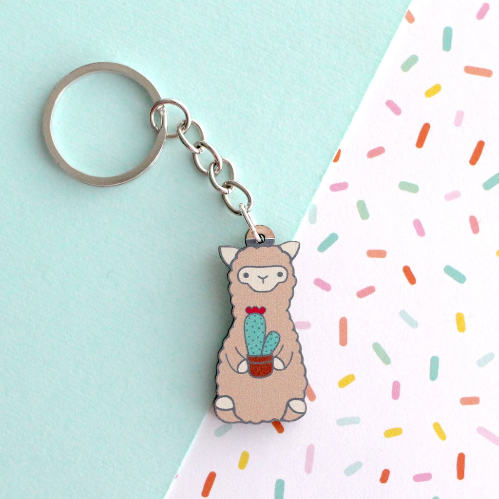 Porte-clés en bois Cactus Alpaga - Cadeau durable - Cadeau Lama