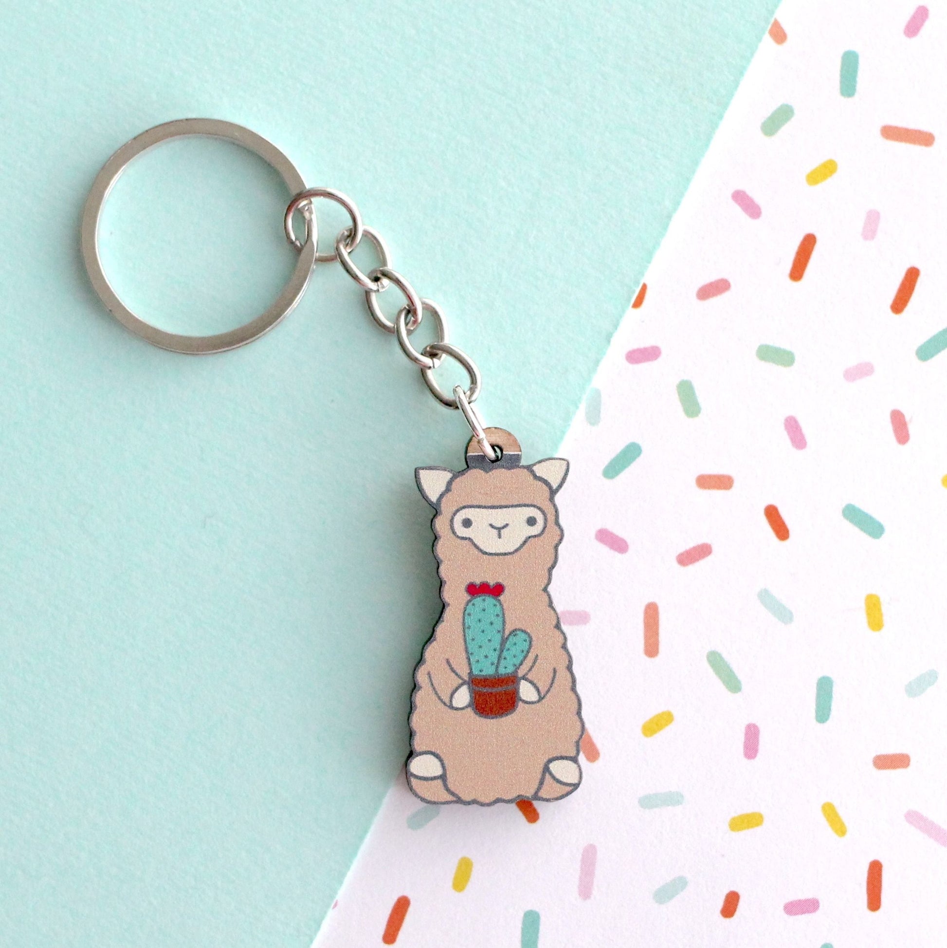 Porte-clés en bois Cactus Alpaga - Cadeau durable - Cadeau Lama