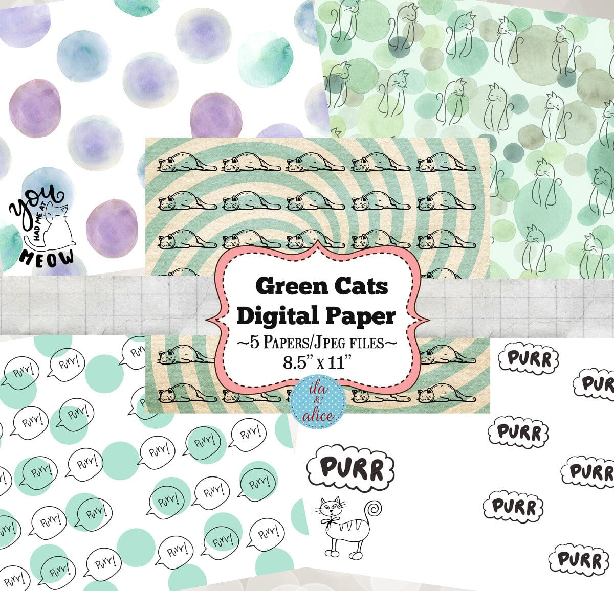 Digital Cat Junk Journal Paper-Green-5 Papers