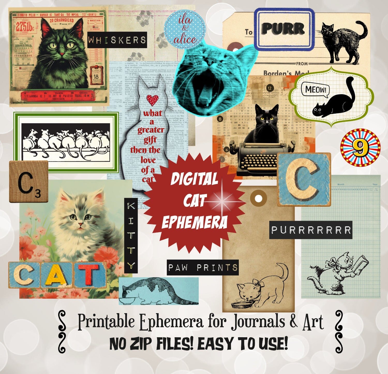Digital Cat Junk Journal Ephemera