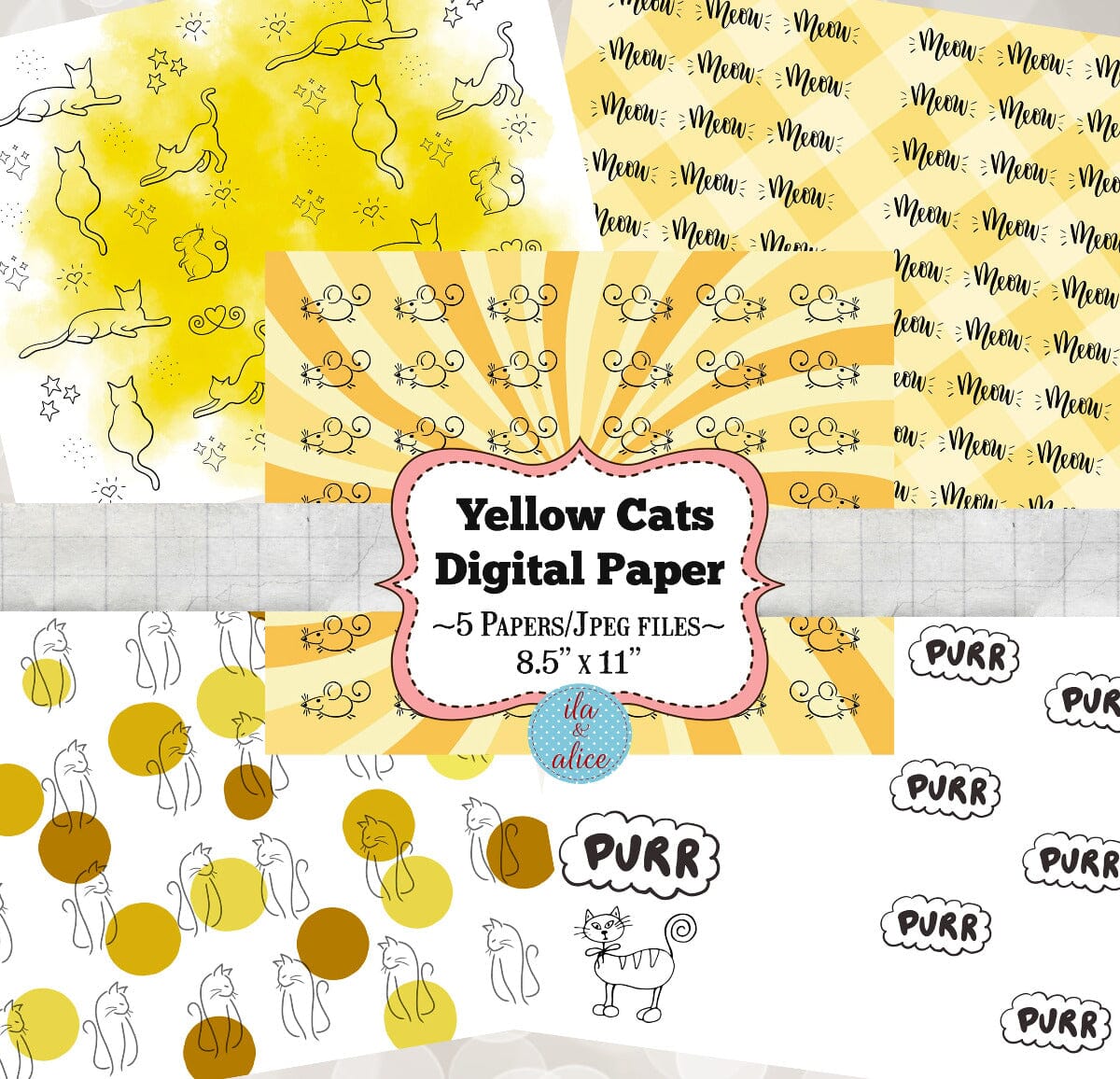Digital Cat Junk Journal Paper-Yellow-5 Papers