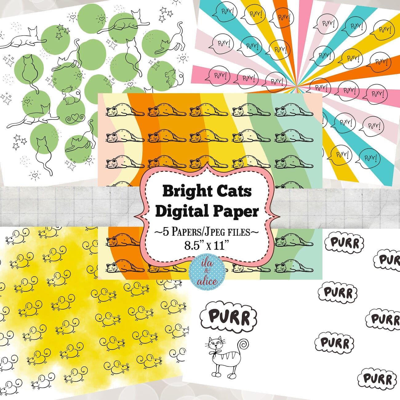 Digital Cat Junk Journal Paper-Retro Brights-5 Papers