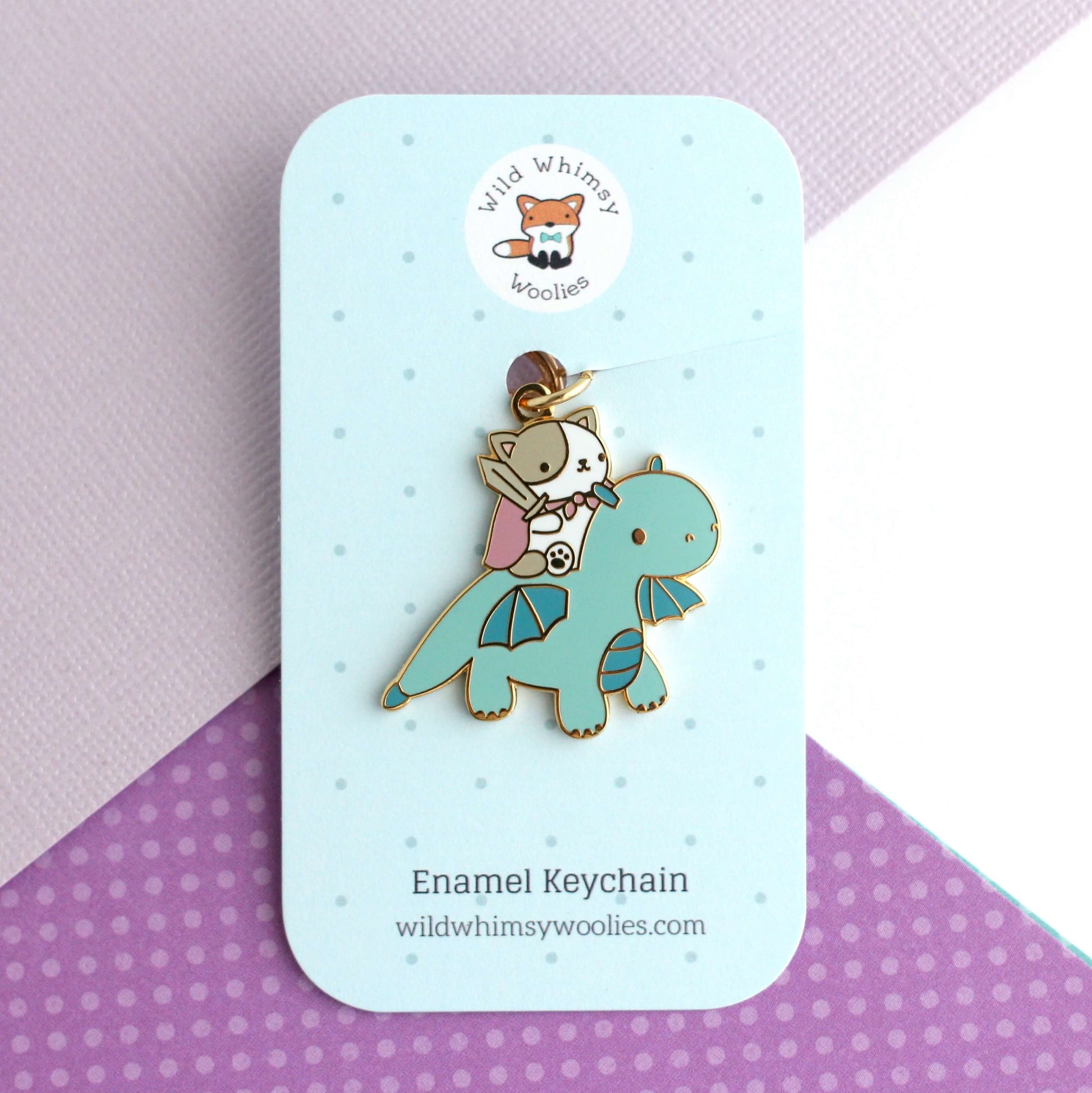 Porte-clés en émail Chat et Chevalier Dragon (Bleu)