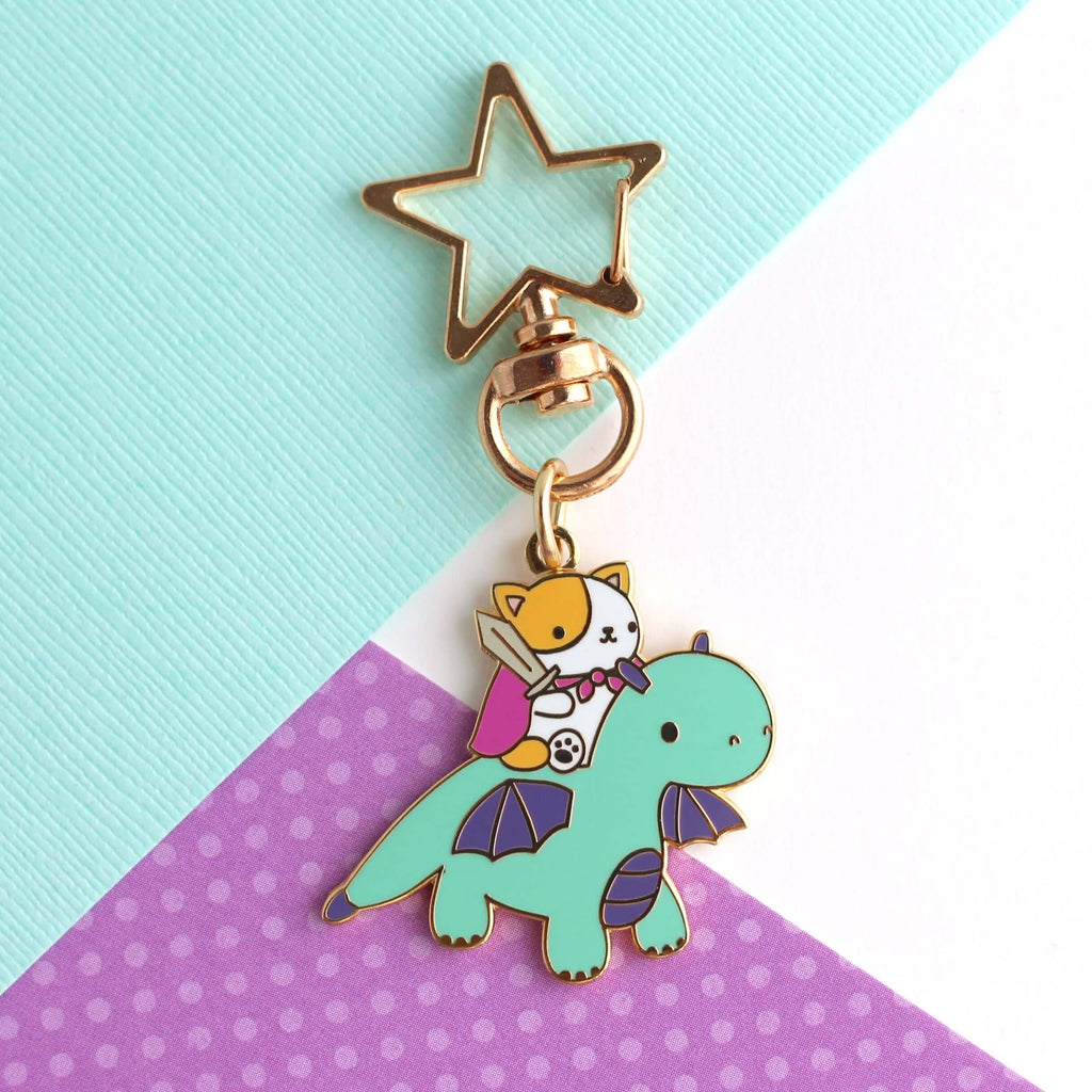 Porte-clés en émail Chat et Chevalier Dragon (Turquoise)