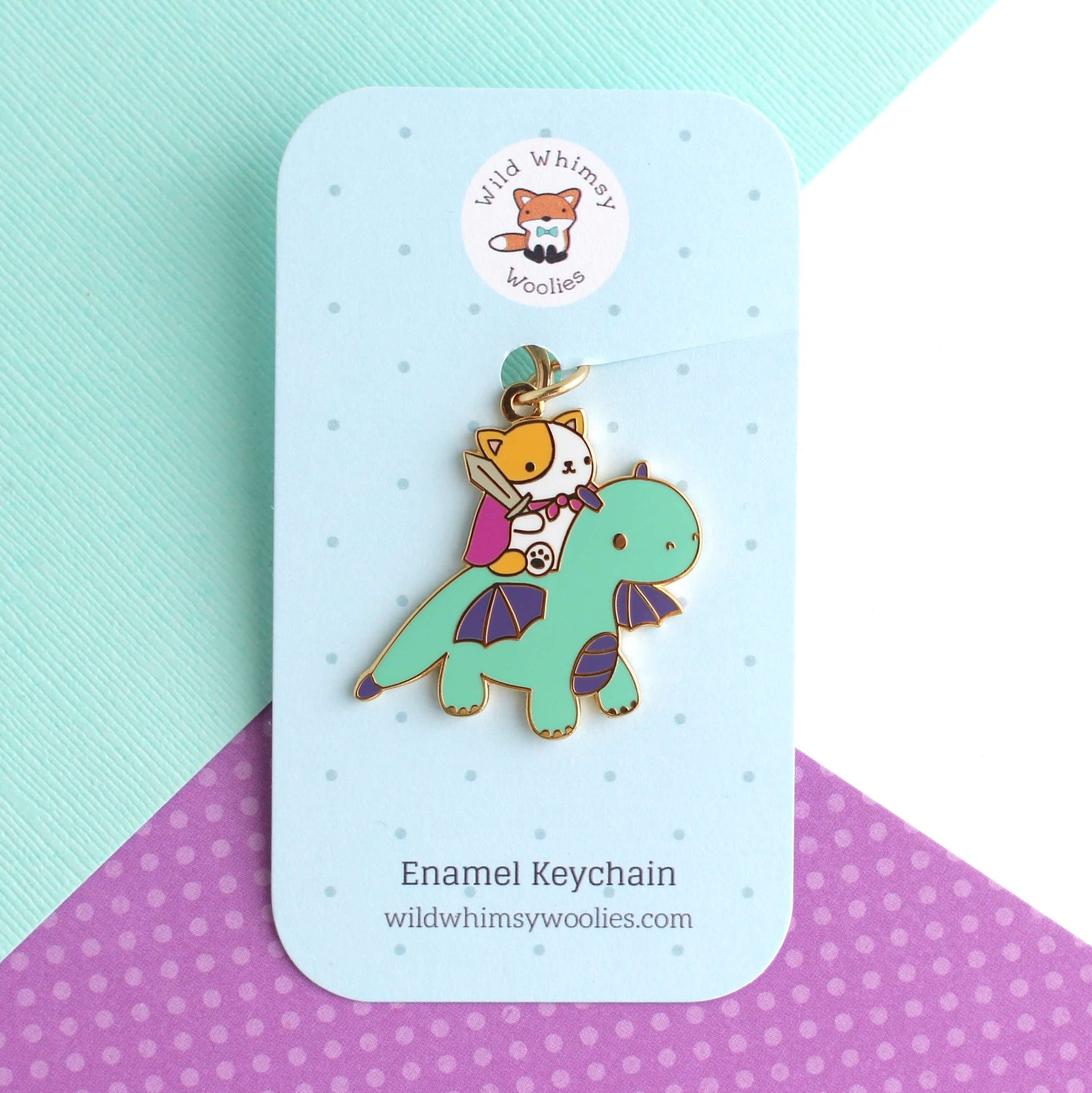 Porte-clés en émail Chat et Chevalier Dragon (Turquoise)