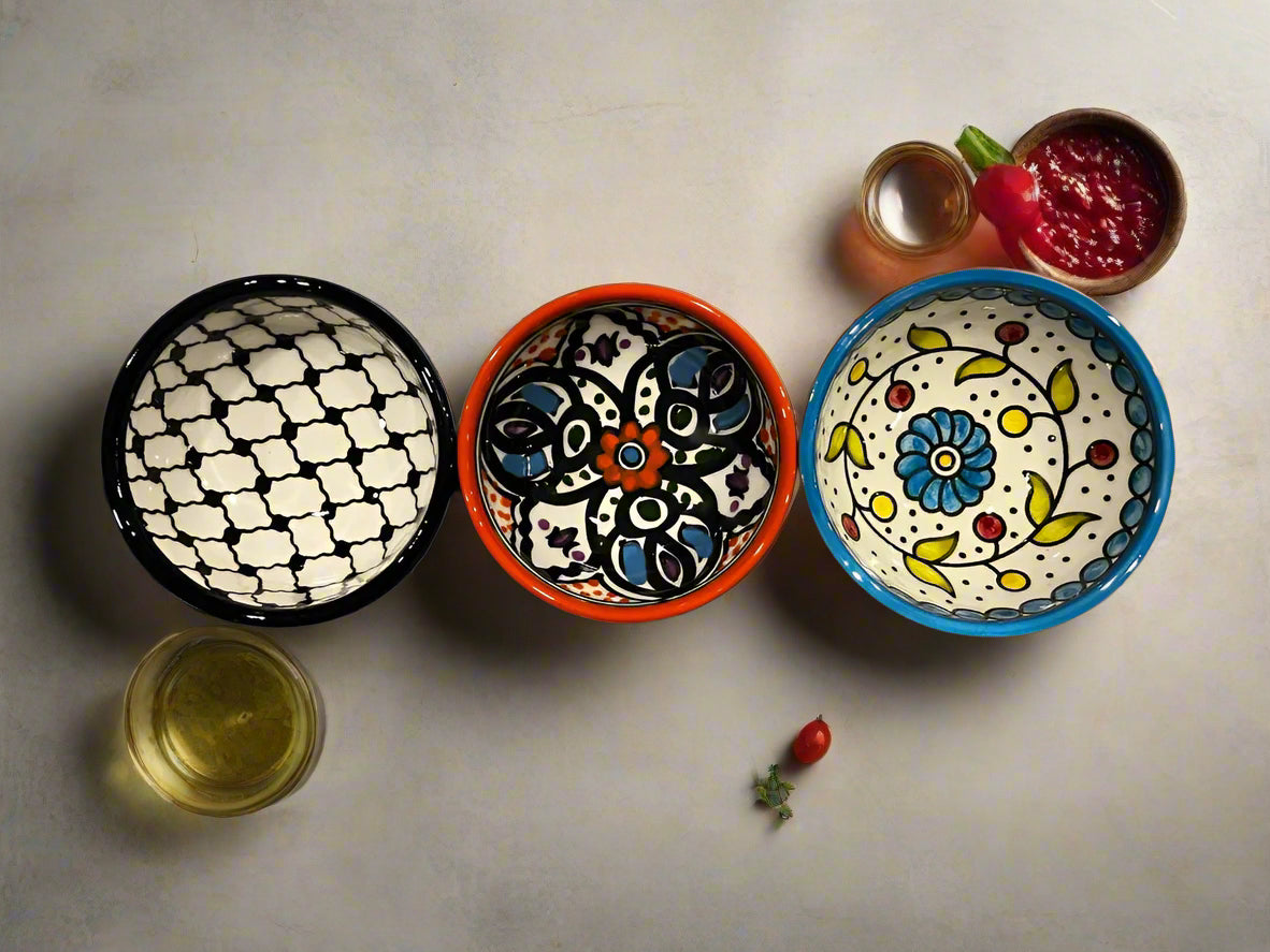 Handcrafted Ceramic Sauce & Dip Bowls – 3.5 Inch | Kuffiyeh, Blue & Yellow, Orange Designs